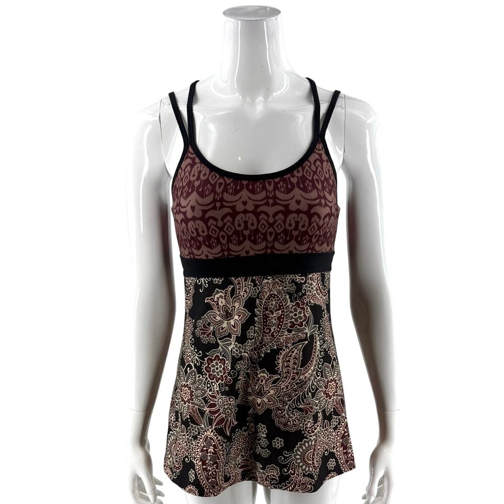 Prana Womens Tank Top Size Small Red Black Paisley Print Shelf Bra Strappy